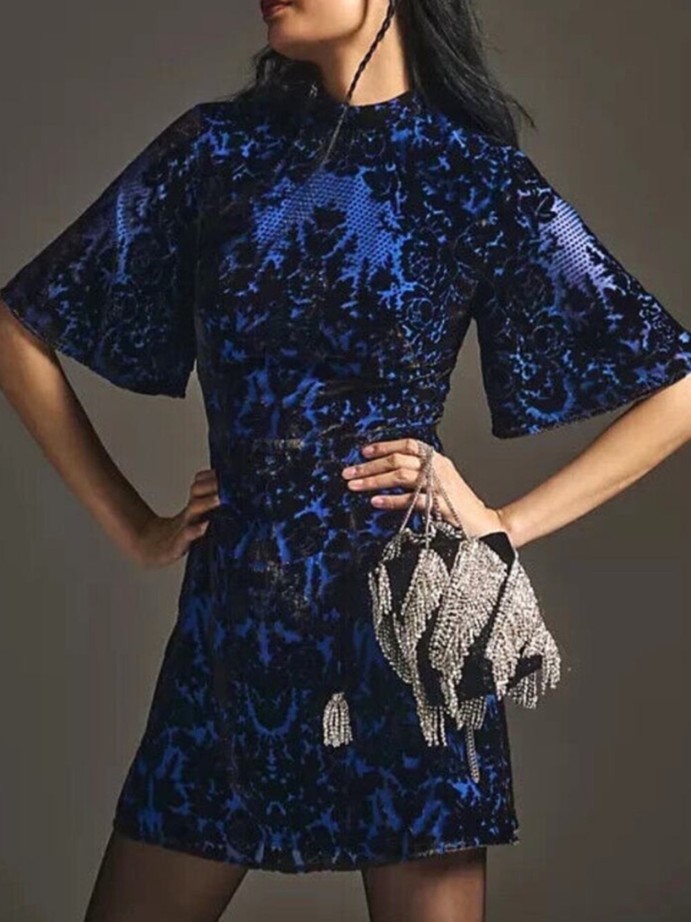 Anthropologie Velvet Burnout Mock Neck Open Back Dress Womens 4 Whimsygoth Blue